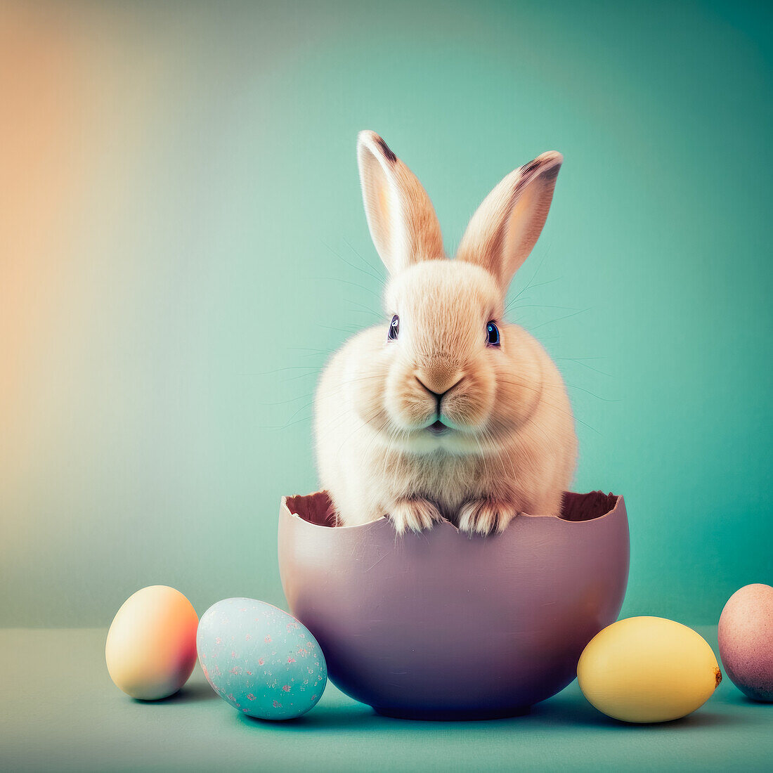Cute fluffy bunny with beige fur and long ears sitting in eggshell on turquoise background near colorful Easter eggs