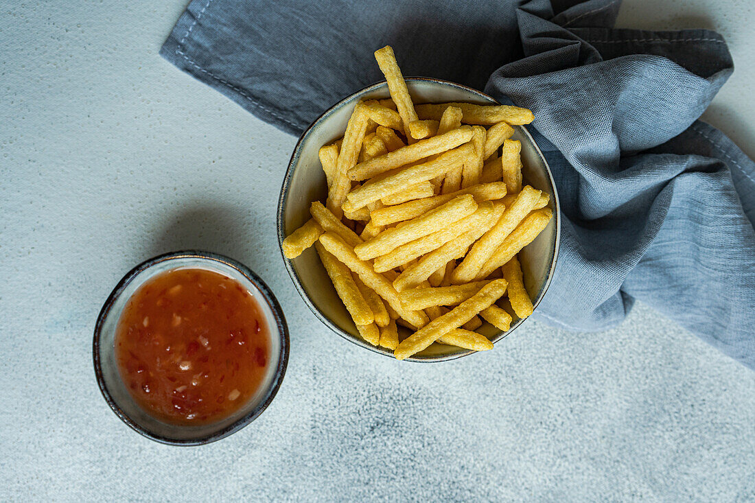 Top view of ceramic bowls with French fries and sour sweet sauce placed on white surface near napkin