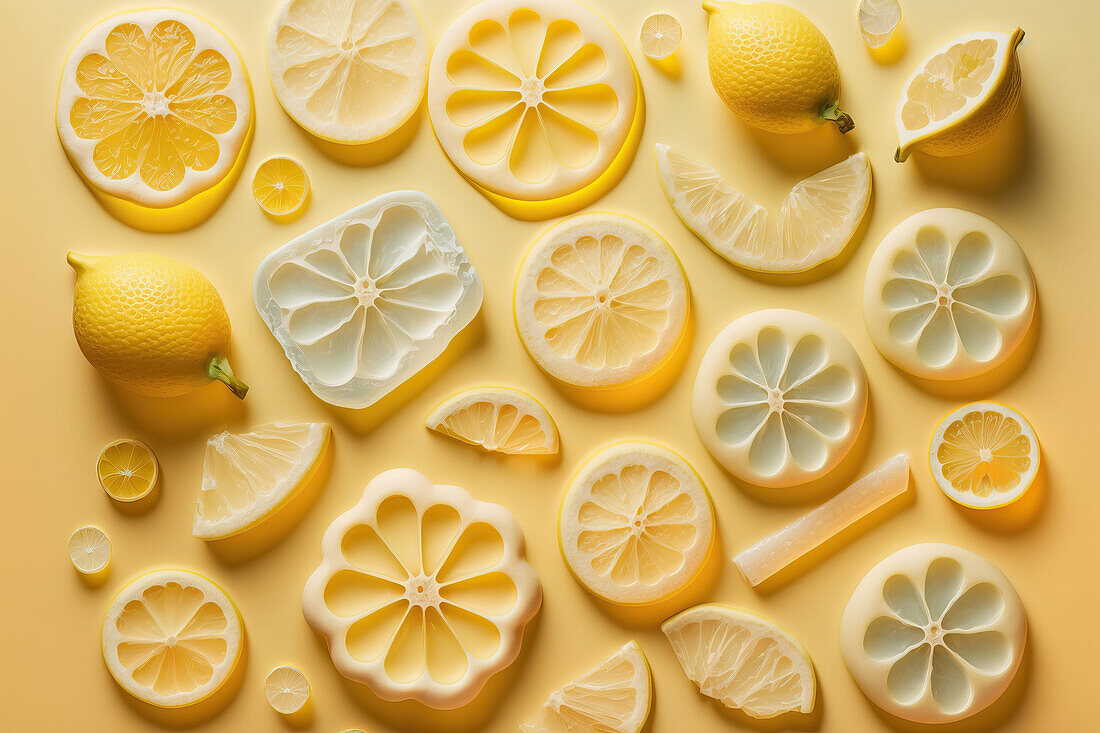 Hintergrund von schönen Zitronenfruchtscheiben auf gefrorener Oberfläche mit Eisformen. Generative KI