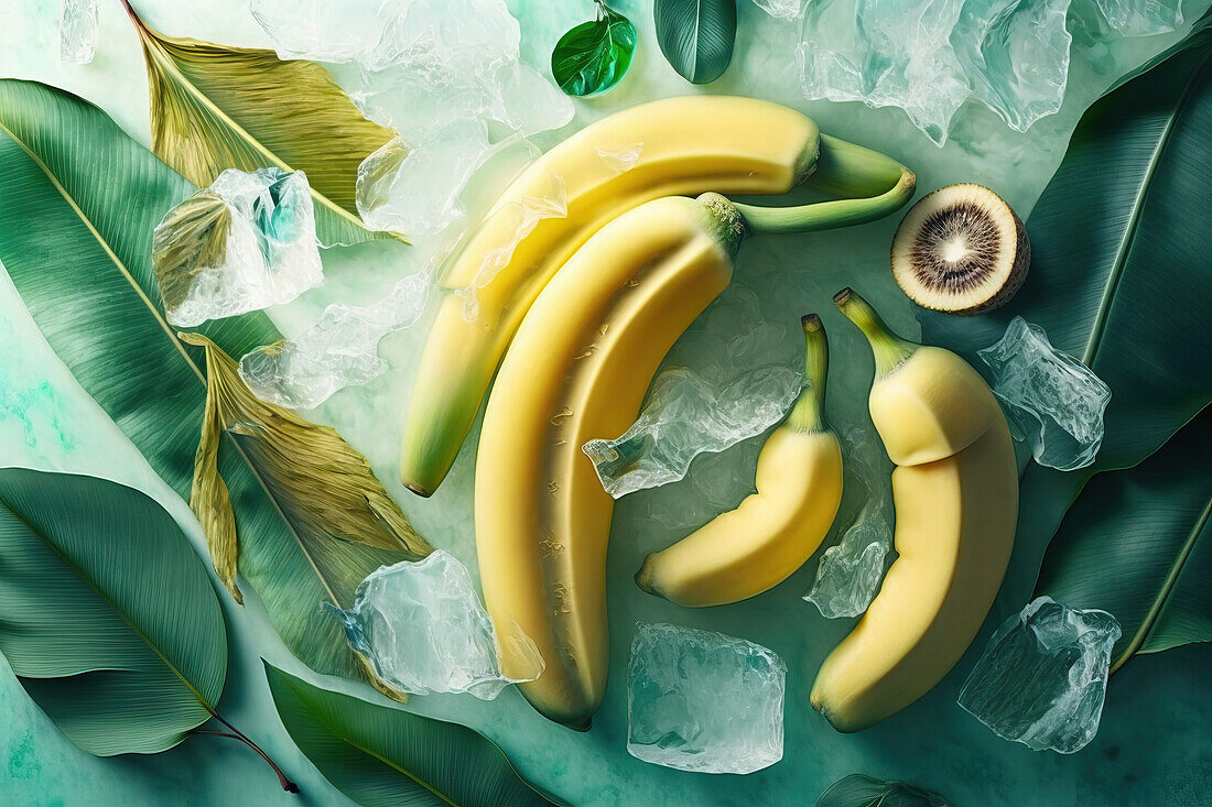Hintergrund von schönen Bananenscheiben auf gefrorener Oberfläche mit Eisformen. Generative AI