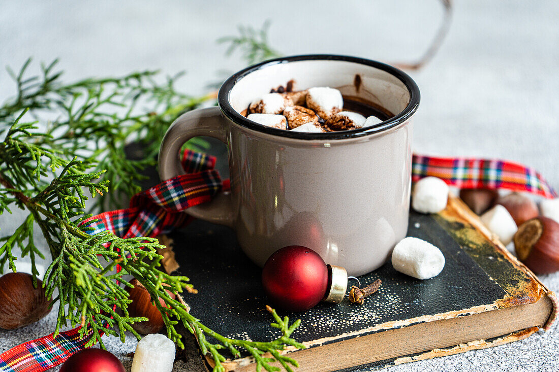 Mug of cocoa with marshmallow placed on book near fir twigs on gray background in Christmas time
