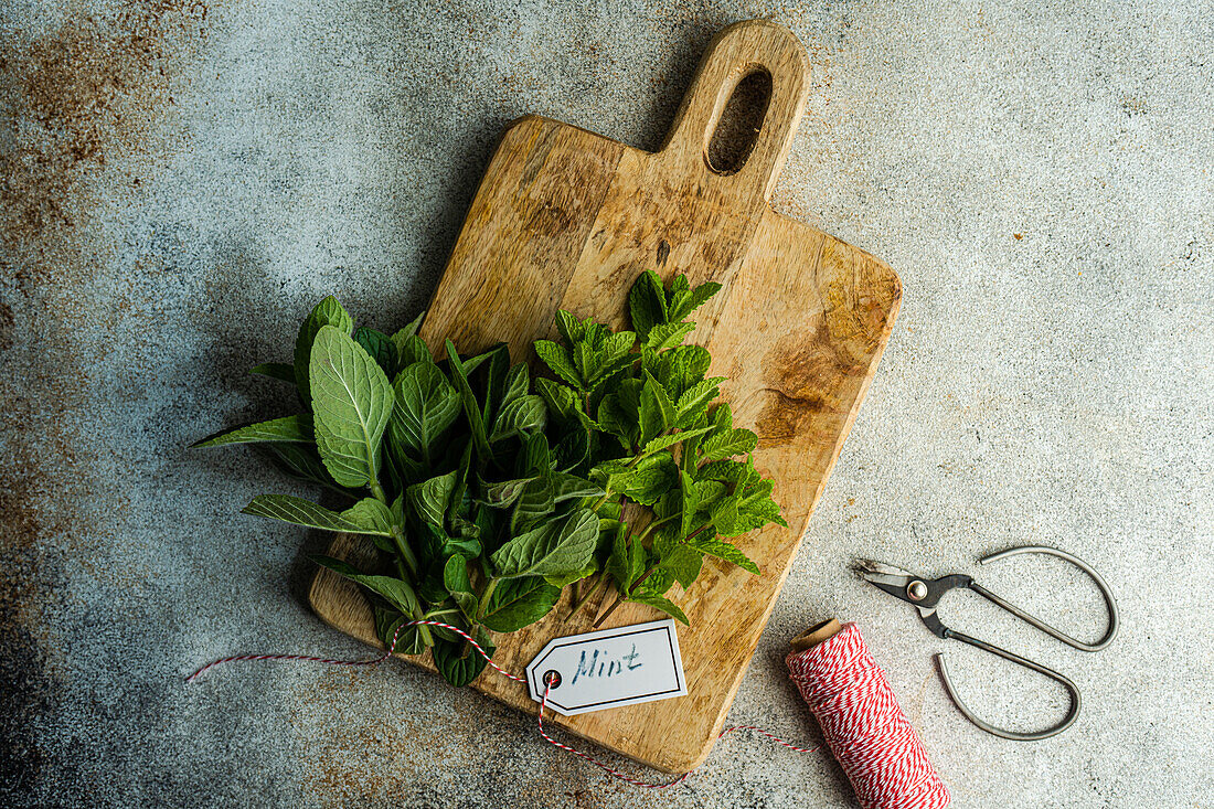 Fresh organic mint leaves ready for cooking on the kitchen table