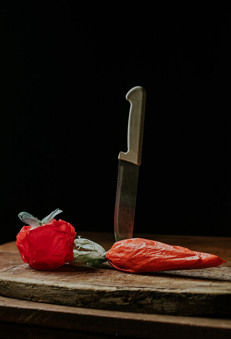 Plastic bags crafted to resemble a tomato and carrot alongside a kitchen knife on a rustic wooden chopping board