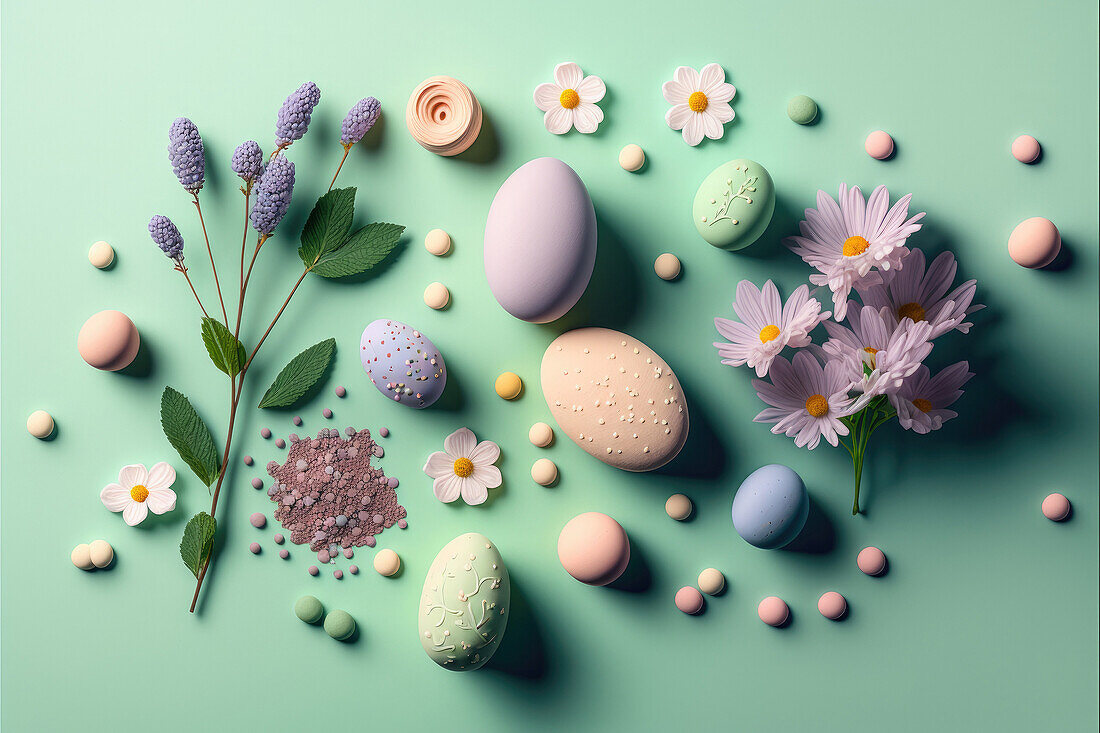 From above composition of different colorful eggs and flowers on blue background