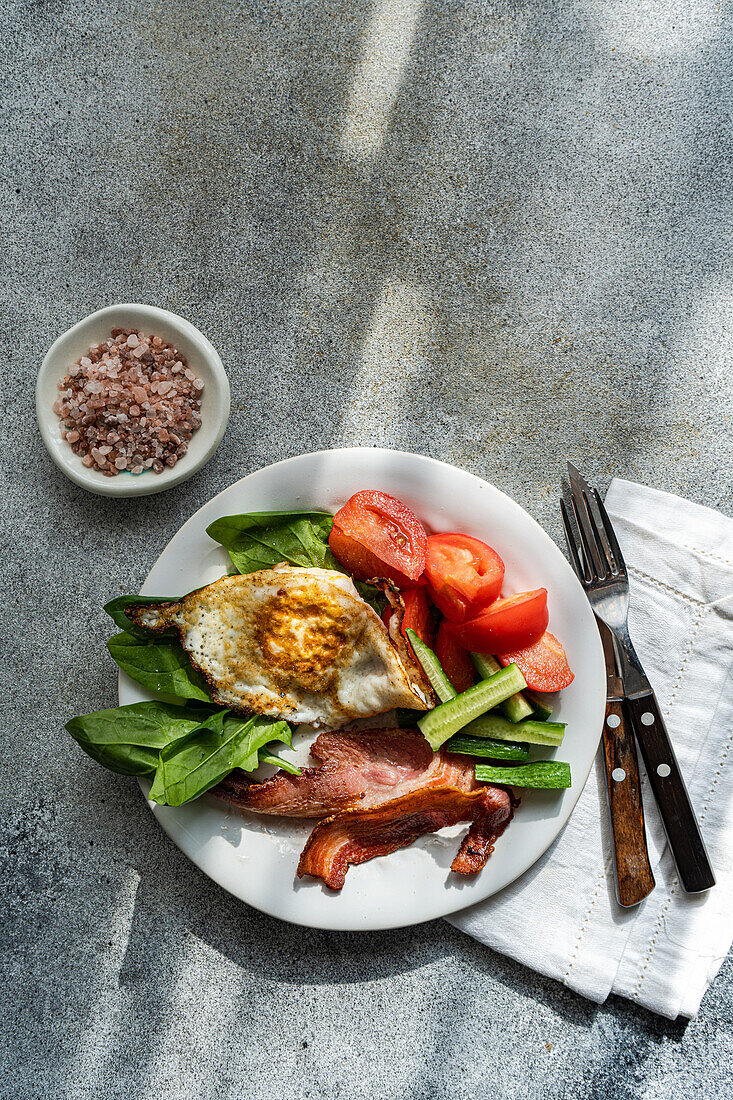 Top view of balanced breakfast arrangement on a white plate with fried egg, crispy bacon, fresh spinach leaves, sliced cucumber and wedged tomatoes served with cutlery on grey textured surface