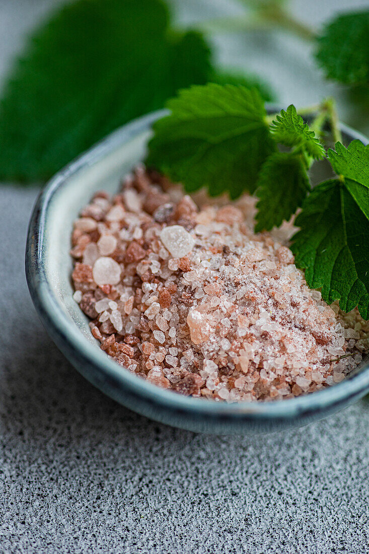 Nahaufnahme eines veganen Kochgeschirrs mit einer Schale rosa Himalaya-Salz, garniert mit einem frischen Brennnesselblatt auf einem strukturierten grauen Hintergrund mit einer Schere in der Nähe