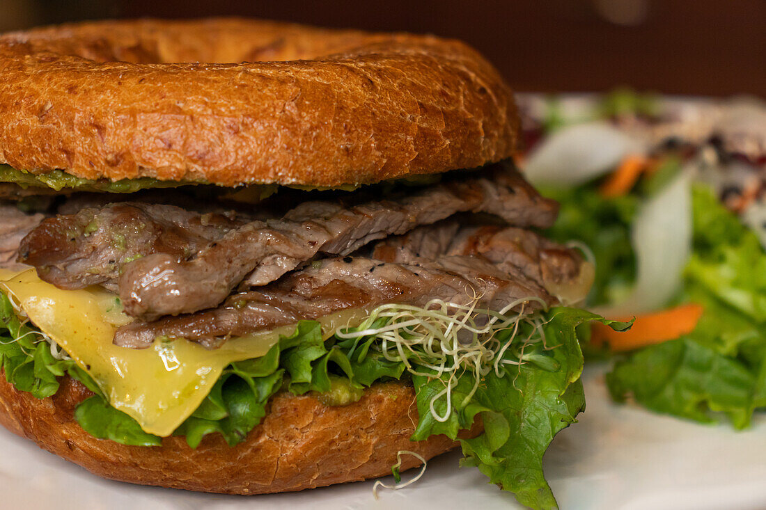 Nahaufnahme eines leckeren Burgers mit Rindfleisch, Käse, frischem Salat und Karottensprossen auf einem Teller vor einem unscharfen Hintergrund in der Küche