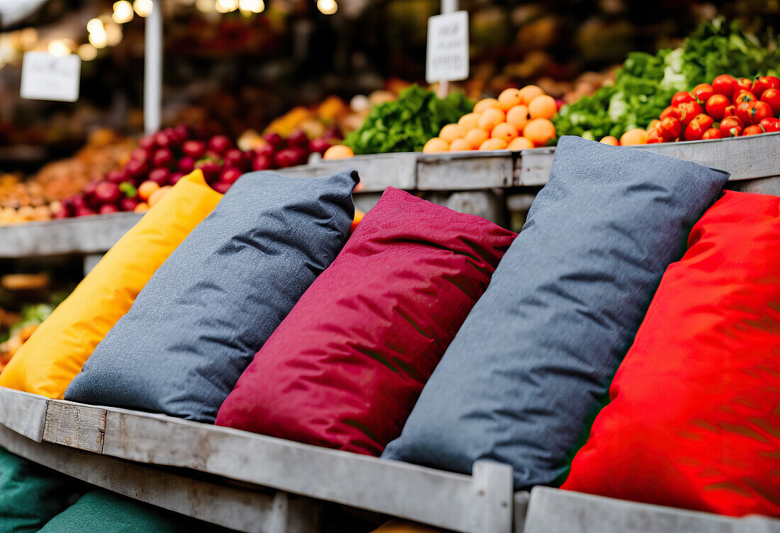 Multicolored rows of bags with assorted array of ripe fruits and vegetables placed on stall in local market in Morocco