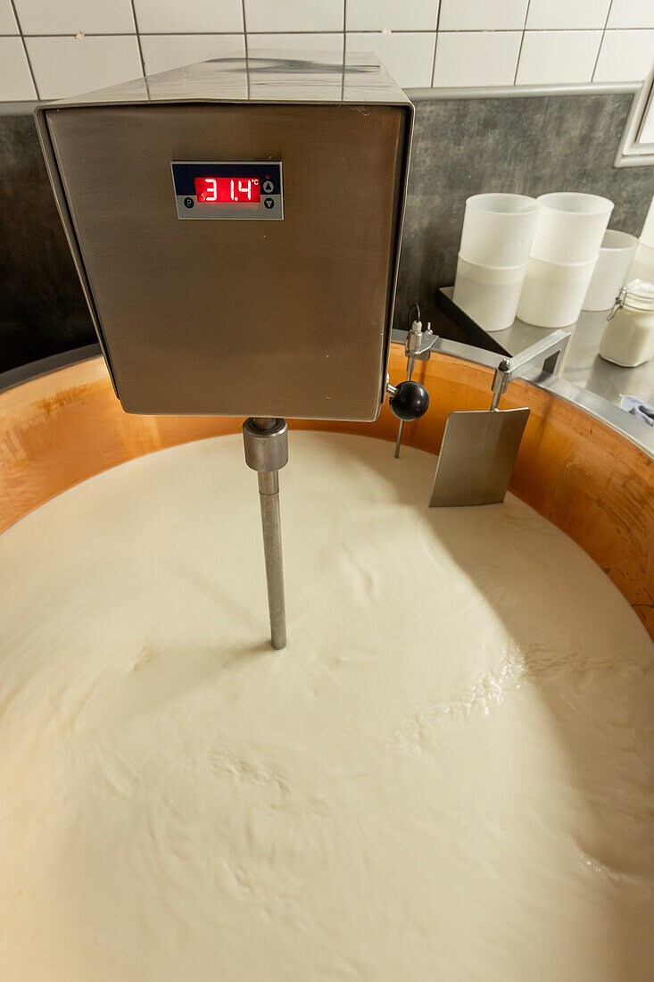 Von oben betrachtet gerinnt frische Milch in einem Holzbottich unter präziser Temperaturkontrolle während des Käseherstellungsprozesses