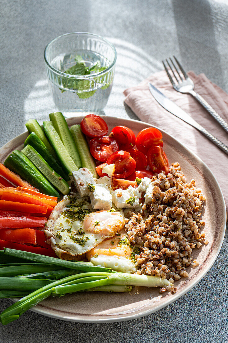 A nutritious breakfast concept showcasing a balanced meal with fresh vegetables, creamy feta, protein-rich buckwheat, and pesto-topped fried eggs.
