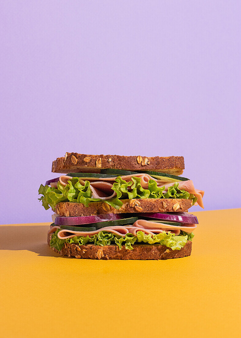 Delicious sandwich with tomatoes, cheese slices and fresh vegetables on colorful background