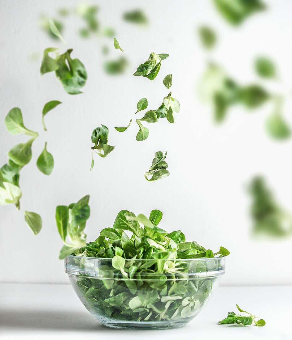 Grüner Salat in Glasschale und fliegende Salatblätter auf weißem Hintergrund. Gesundes Kochen Vorbereitung. Levitation Lebensmittel Konzept. Frontansicht