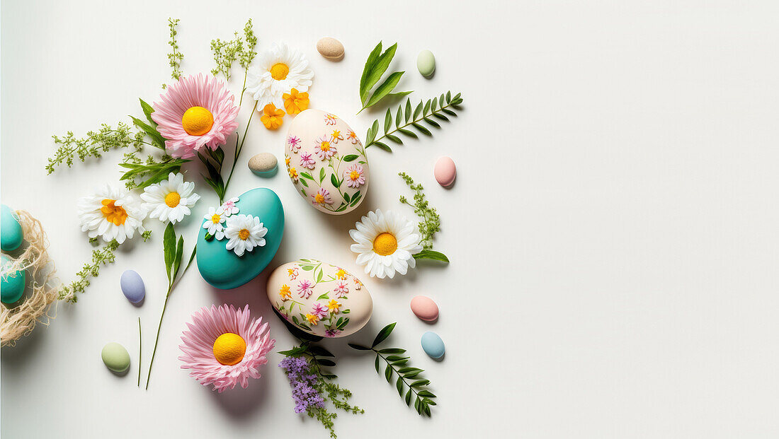 From above composition of different colorful eggs and flowers on white background