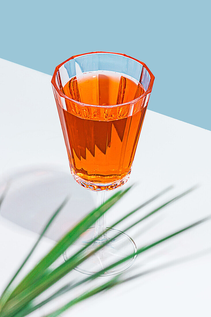 A vibrant glass of orange juice sits against a white and blue backdrop, highlighted by natural sunlight with a green plant element adding freshness to the scene.