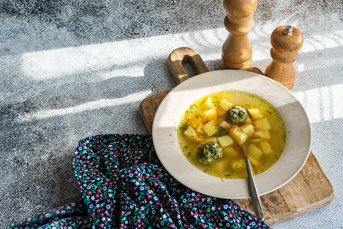 A bowl of meatball soup is served on a wooden cutting board beside salt and pepper grinders, with a patterned cloth alongside, all bathed in natural sunlight.