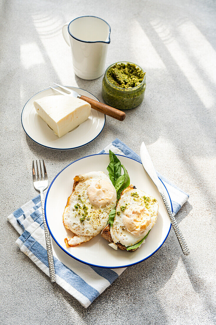 Blick von oben auf einen Teller mit gesundem Toast mit Spiegelei-Pesto-Sauce, grünen Kräutern und Käse auf einem grauen Tisch beim Frühstück