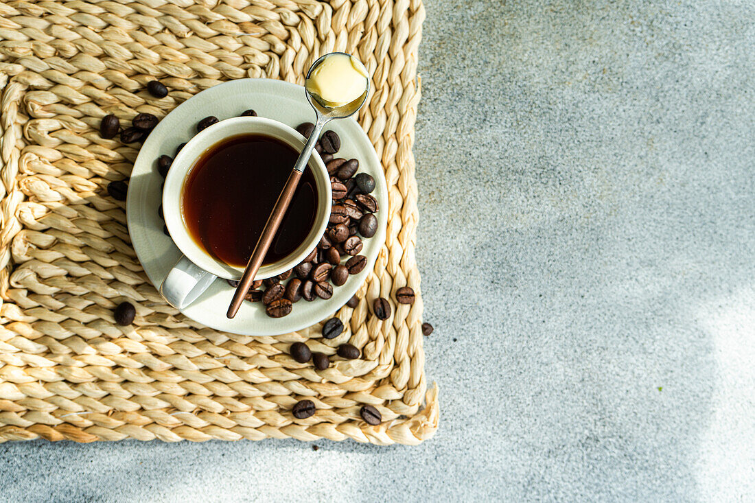 Cup of bulletproof keto coffee served on concrete table in the sunny morning