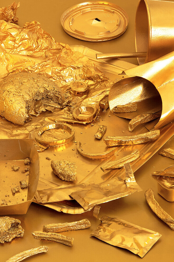 Goldenes Straßenessen auf einem Tisch vor einem goldenen Hintergrund