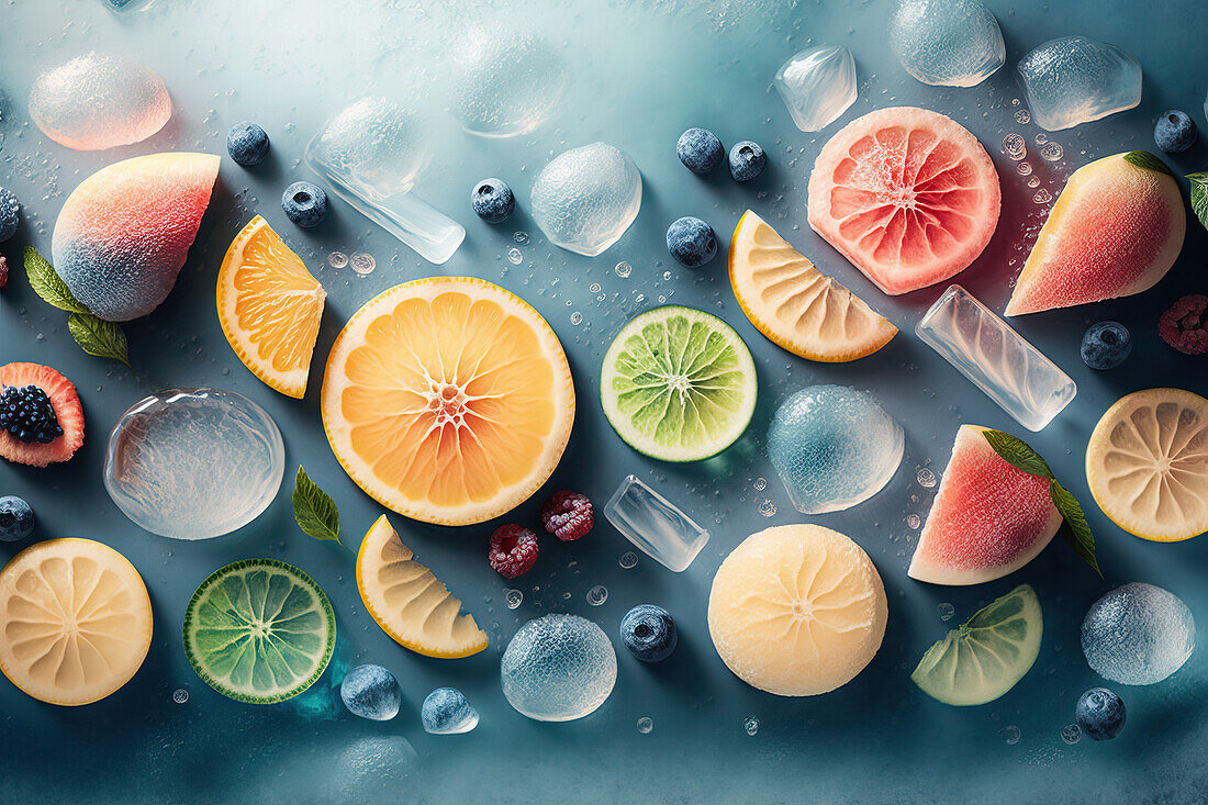 Hintergrund der schönen Fruchtscheiben auf gefrorenen Oberfläche mit Eis Formen. Generative AI