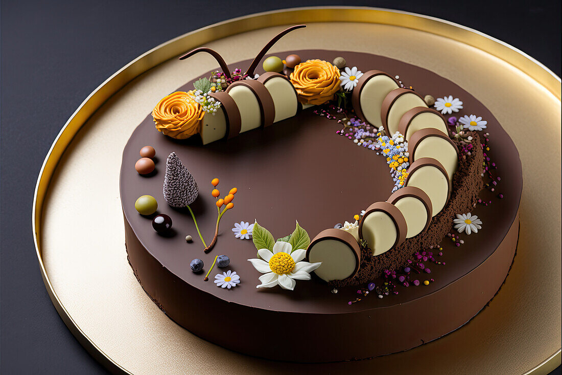 Generative AI illustration high angle of delicious sweet chocolate cake decorated with candies flowers and sprinkles served on round golden plate