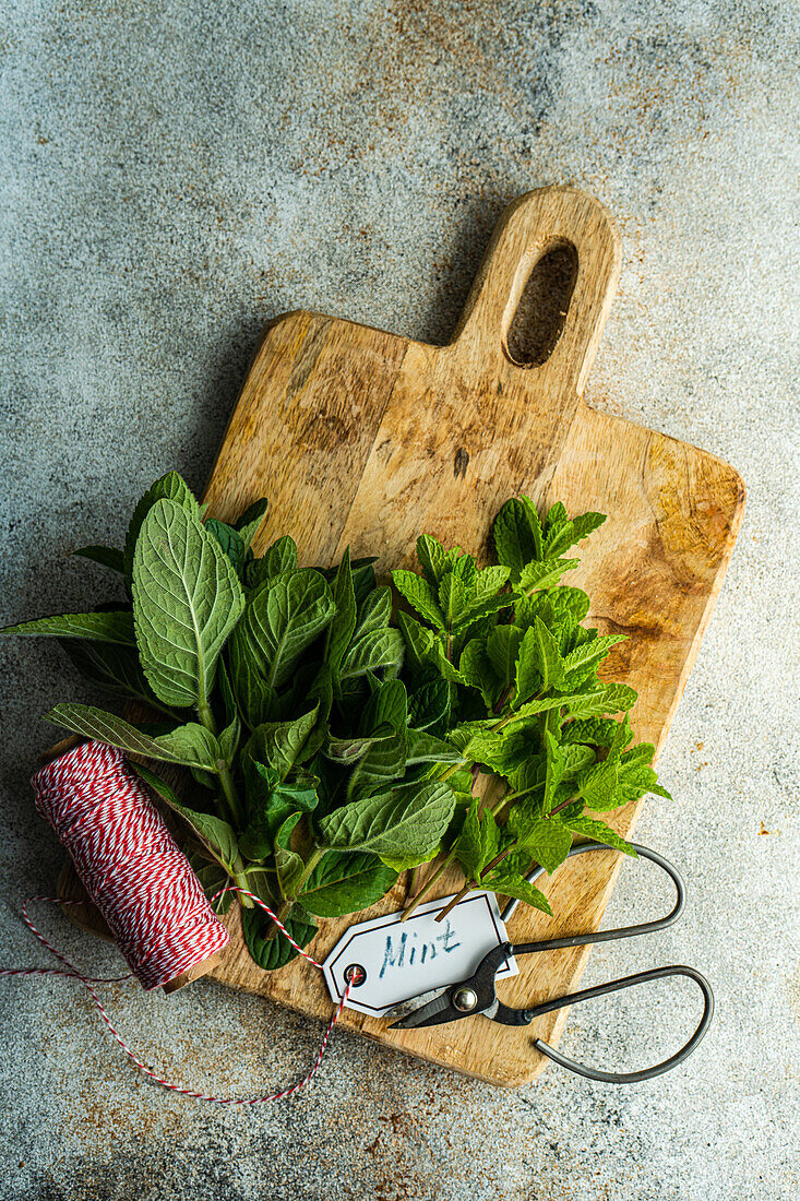Fresh organic mint leaves ready for cooking on the kitchen table