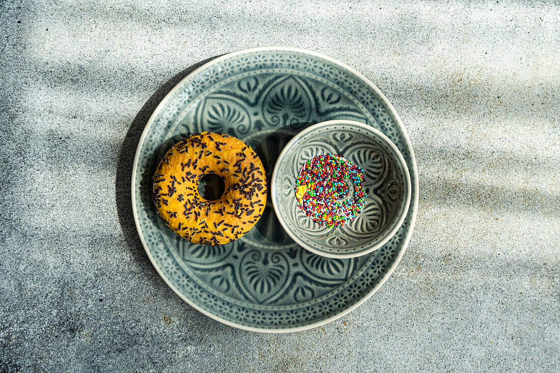 Top view of sweet banana donut placed on gray plate near bowl with colorful sprinkles on gray table