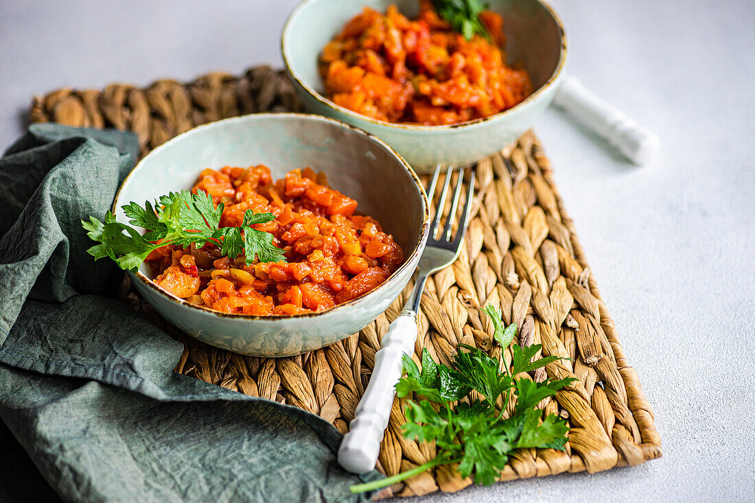 From above of vegetable stew made of potato, carrot, bell pepper, and tomatoes served with parsley leaves in a bowl on concrete table