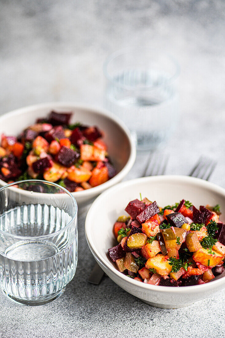 Tasty healthy baked vegetable salad served in the bowl