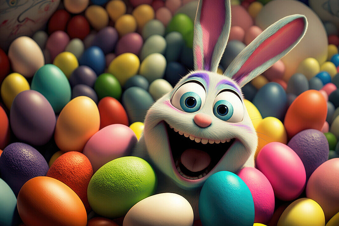 Von oben Generative Ai-Illustration von lustigen Osterhasen Blick auf die Kamera in der Nähe von hellen bunten Ei Süßigkeiten auf bunten Hintergrund