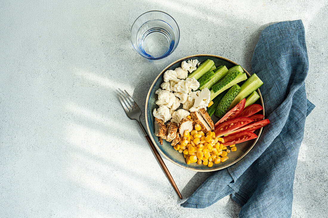 Draufsicht auf eine Schüssel mit fünf Zutaten: Blumenkohl, Tomate, Gurke, gekochter Mais und gegrilltes Hühnerfleisch auf einer grauen Serviette neben Gabel und Glas