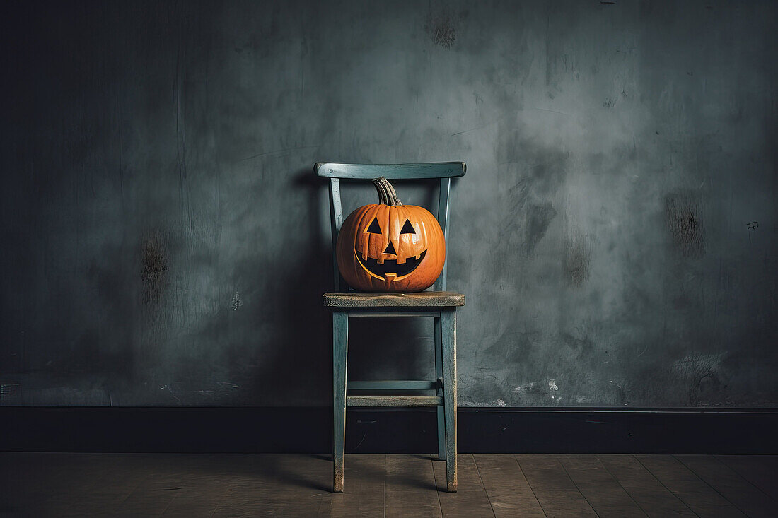 Front view of a wooden chair adorned with a beautifully carved pumpkin created with Generative AI technology