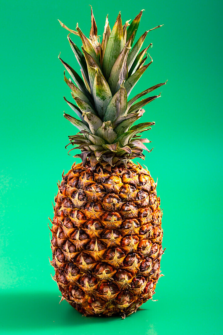 Full shot of whole raw ripe pineapple against green background