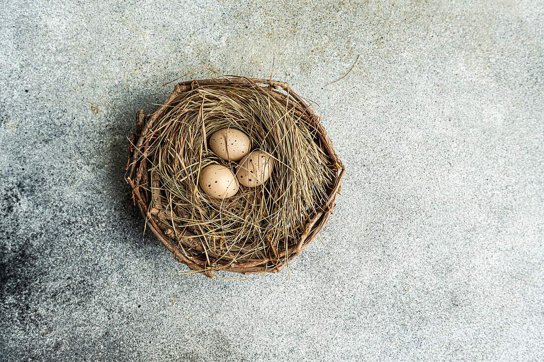 Von oben Nest mit Heu und Eiern auf Betonhintergrund als Osterkartenkonzept