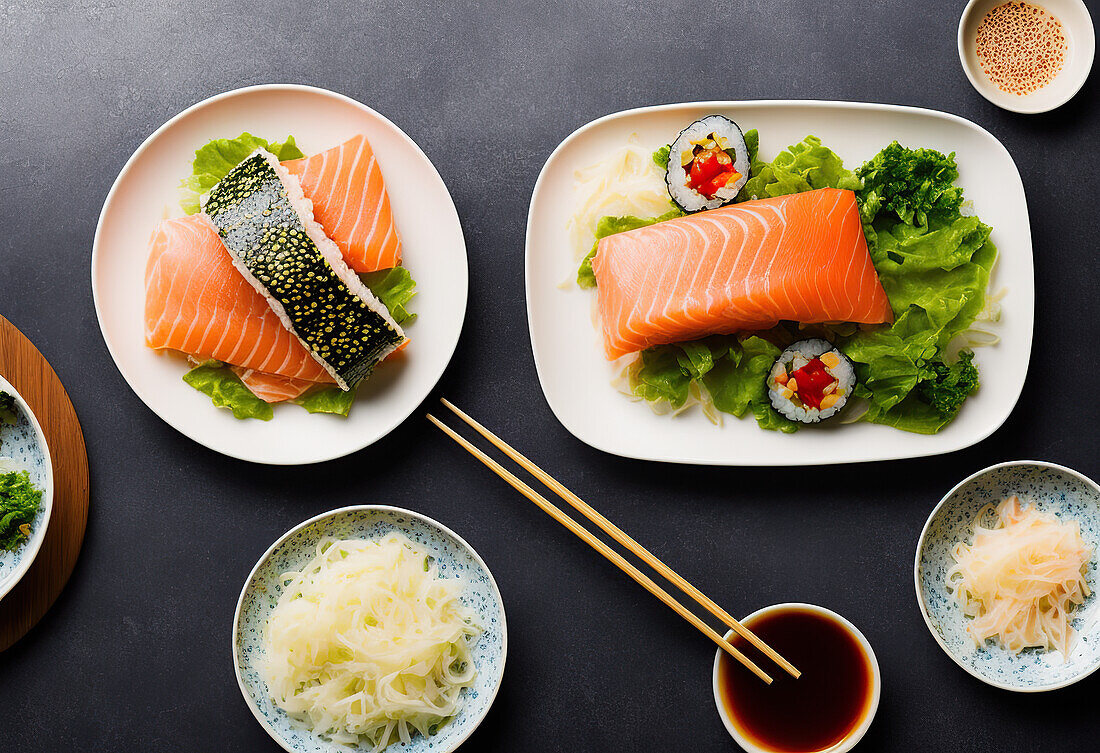 Top view of appetizing fresh salmon fillet with lettuce salad and sushi rolls placed on ceramic plates near chopsticks and seaweed served with soy sauce on table