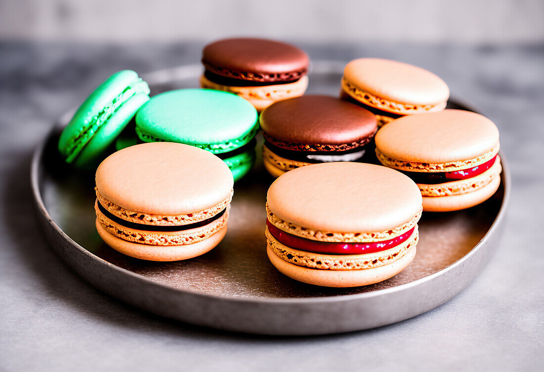 Delicious sweet assorted macaroons with colorful cream placed on ceramic plate