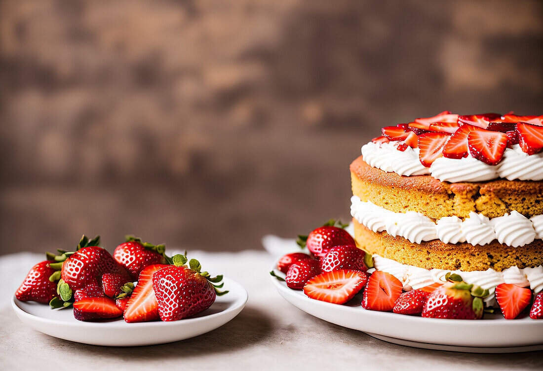 Sponge cake with cream and strawberries