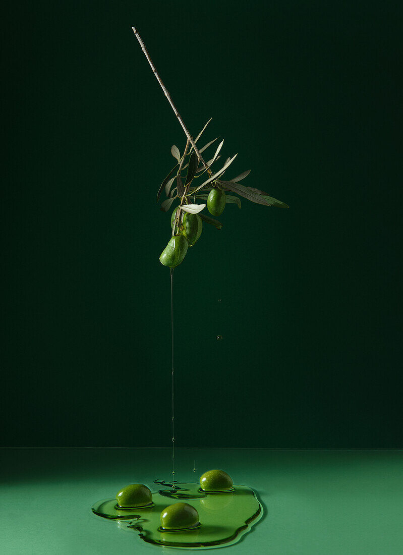 Öl, das von einem Olivenzweig auf einen grünen Tisch gegossen wird, vor dunklem Hintergrund im Atelier