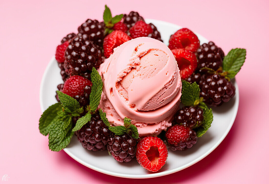 Sweet appetizing strawberry ice cream scoop served on white plate with raspberries and blackberries placed on pink background with mint leaves