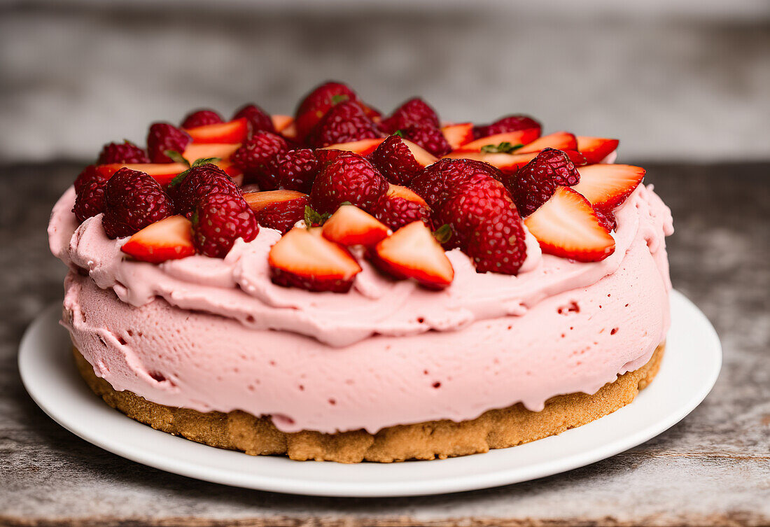 Sweet appetizing pink cheesecake with ripe strawberries and raspberries on top placed on table