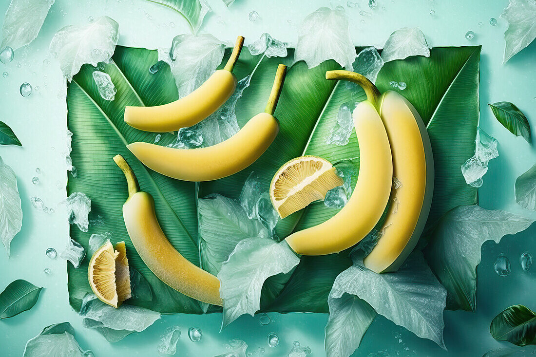 Background of beautiful bananas slices on frozen surface with ice shapes. Generative AI