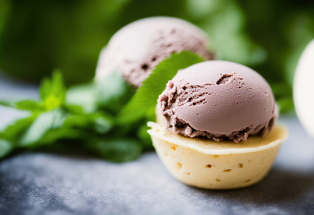 Appetizing chocolate ice cream scoop placed on biscuit against mint leaves on blurred background