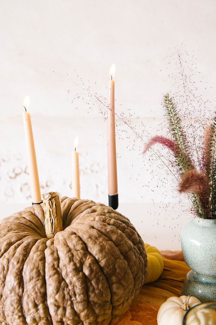 Creative table setting with assorted pumpkins compose with burning candles and vases with dry plants placed near ceramic plate and glasses during Halloween dinner