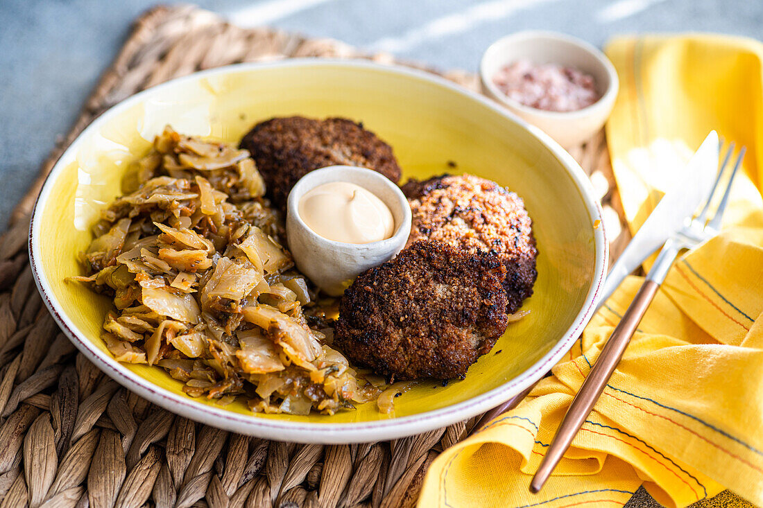 Ketogene Schale mit gedünstetem Kohl und Fleischkoteletts auf rustikalem Hintergrund