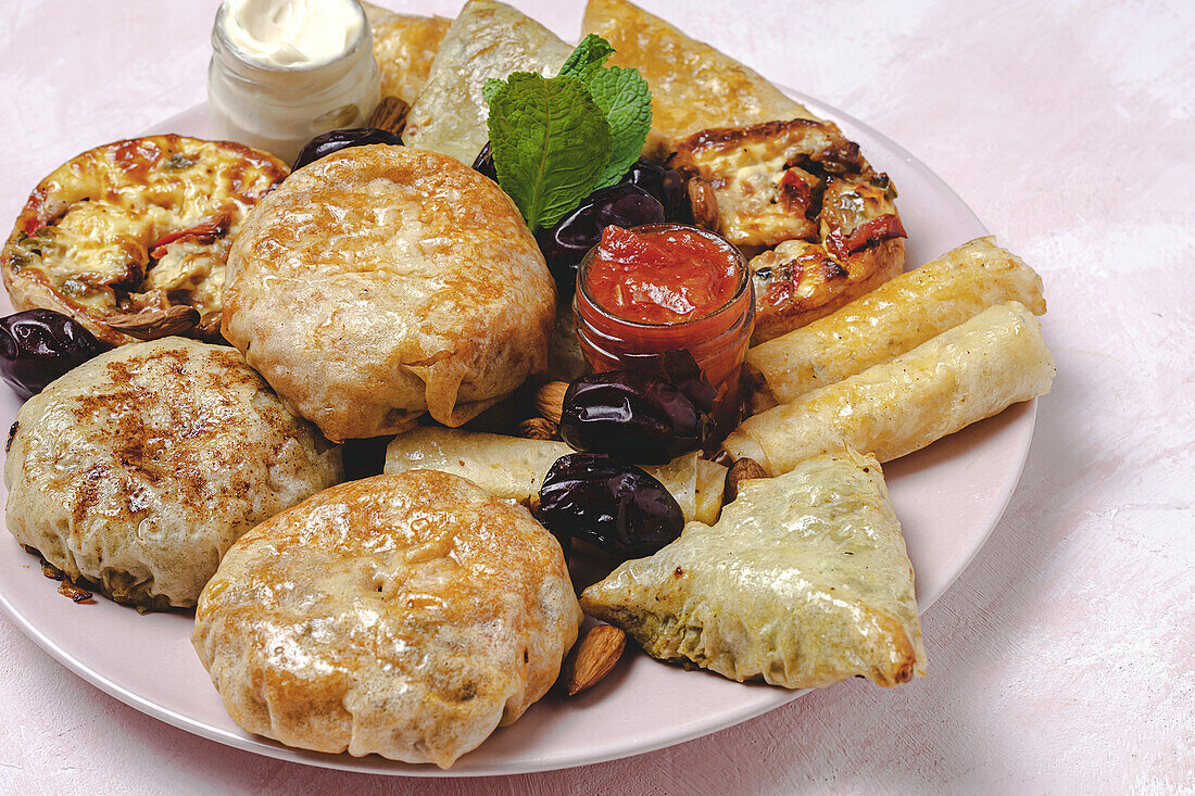 High angle of assorted tasty Arabic food with salsa and fresh mint leaves near almonds during Ramadan holidays