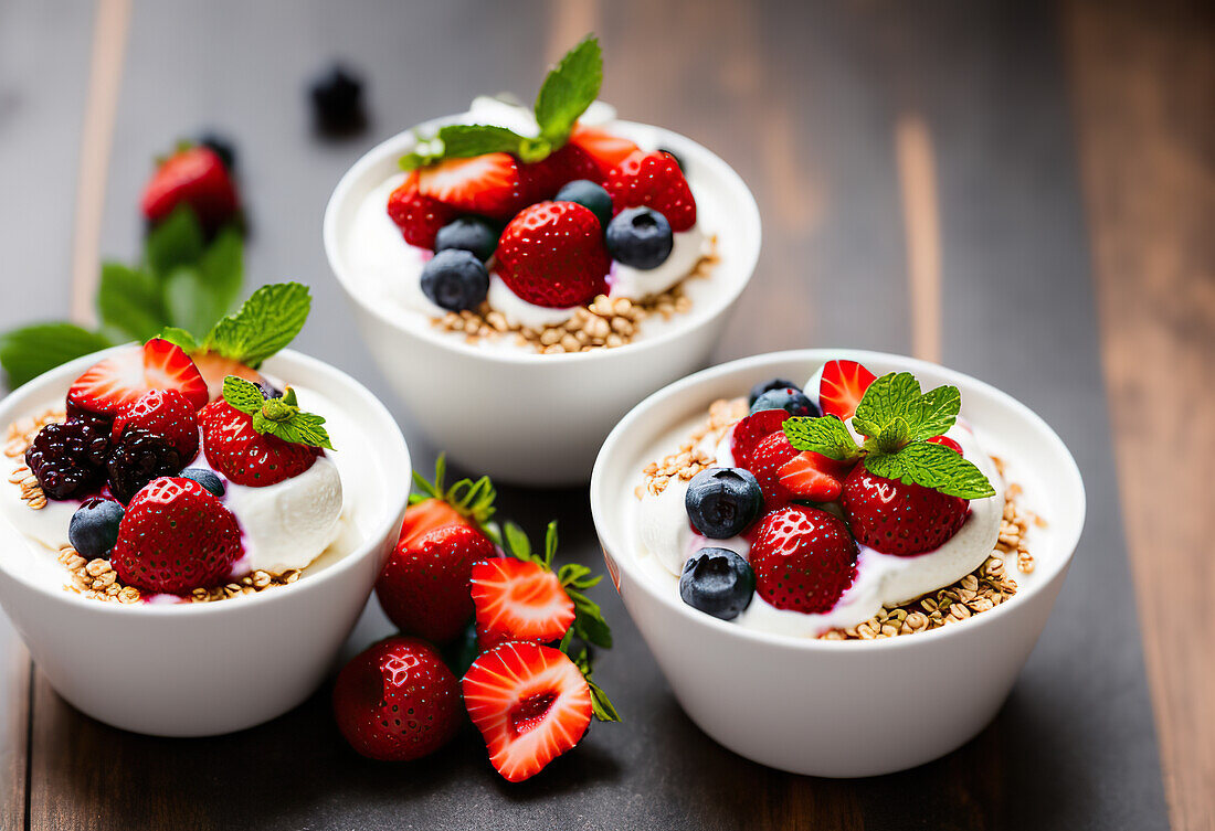 Appetizing sweet dessert with fresh strawberries and blueberries served on yogurt with muesli in bowl