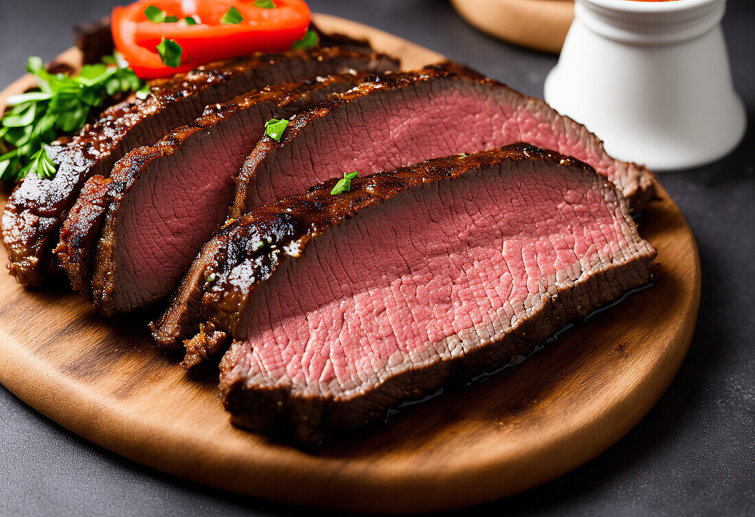 Generative AI image high angle of delicious sliced roast beef served on black plate with cherry tomatoes on wooden cutting board