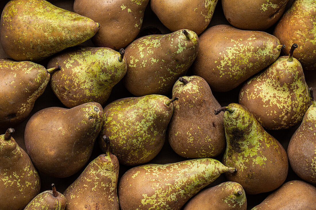 Top view full frame background of appetizing fresh green pears with brown spots placed together