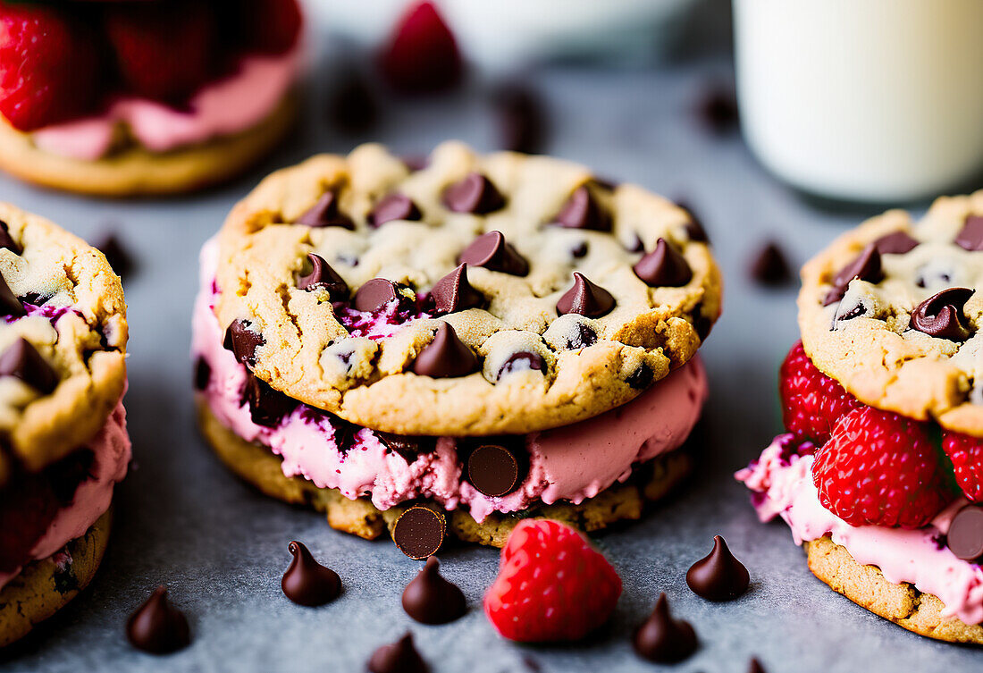 Appetizing sweet cookie sandwiches with chocolate drops served with ice cream and raspberries