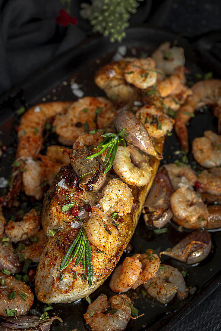 From above of black tray with appetizing baked swordfish served with prawns and confit garlic