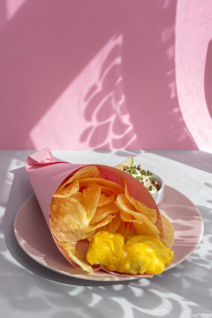 Appetitlich gebratene Pommes frites und Fisch in Papierverpackung auf einem Teller mit Soße auf einem Tisch mit hellem Sonnenlicht in einem Café serviert